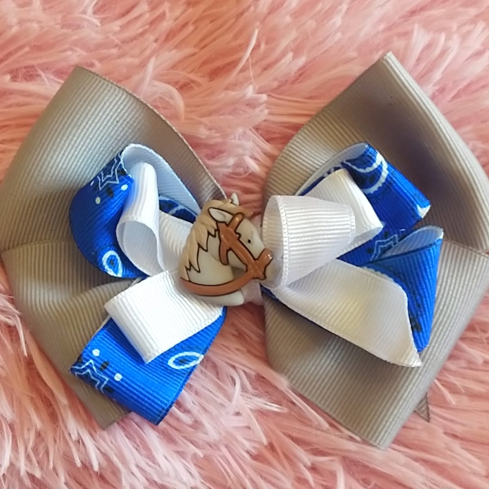 Girls blue and grey pony hair bow